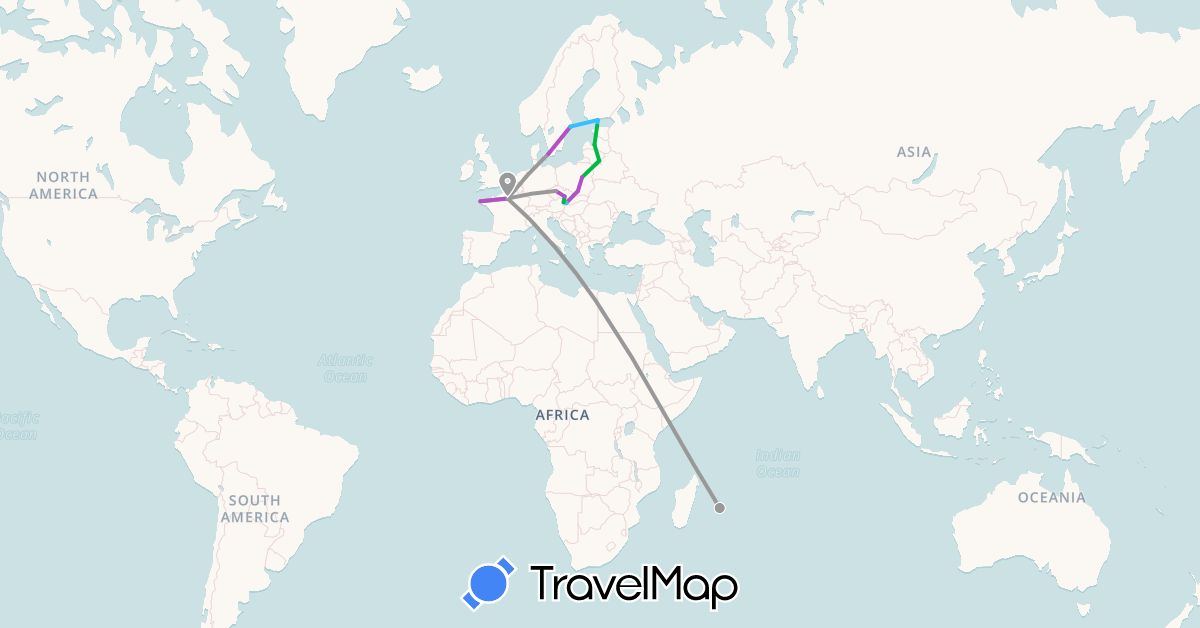TravelMap itinerary: driving, bus, plane, train, boat in Austria, Czech Republic, Denmark, Estonia, Finland, France, Lithuania, Latvia, Poland, Réunion, Sweden, Slovakia (Africa, Europe)